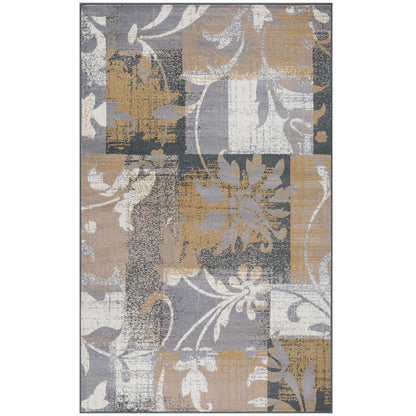 5' X 8' Beige And Gray Floral Power Loom Distressed Stain Resistant Area Rug