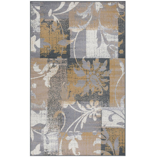 5' X 8' Beige And Black Floral Distressed Area Rug
