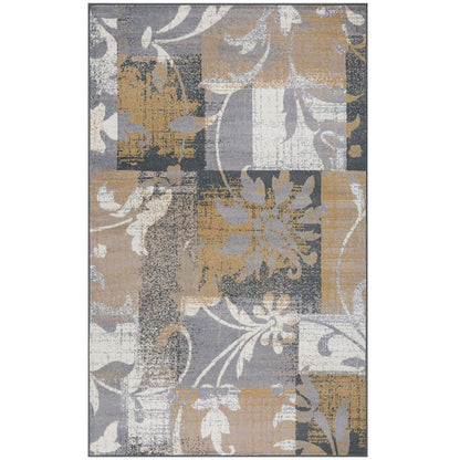7' X 9' Beige And Black Floral Distressed Area Rug