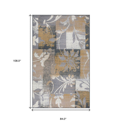 7' X 9' Beige And Black Floral Distressed Area Rug