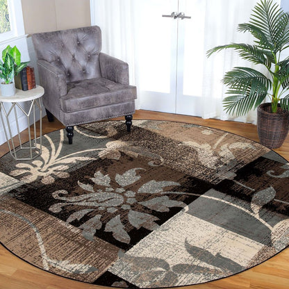8' Beige Brown And Gray Floral Distressed Round Rug