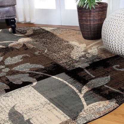 8' Beige Brown And Gray Floral Distressed Round Rug
