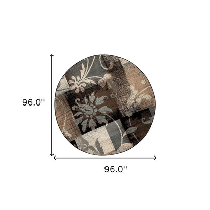 8' Beige Brown And Gray Floral Distressed Round Rug