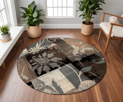 8' Beige Brown and Gray Floral Distressed Round Rug