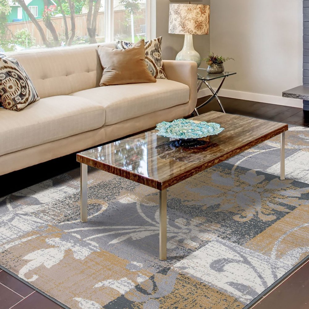 8' X 10' Beige And Black Floral Distressed Area Rug