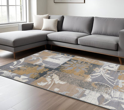 8' X 10' Beige And Black Floral Distressed Area Rug