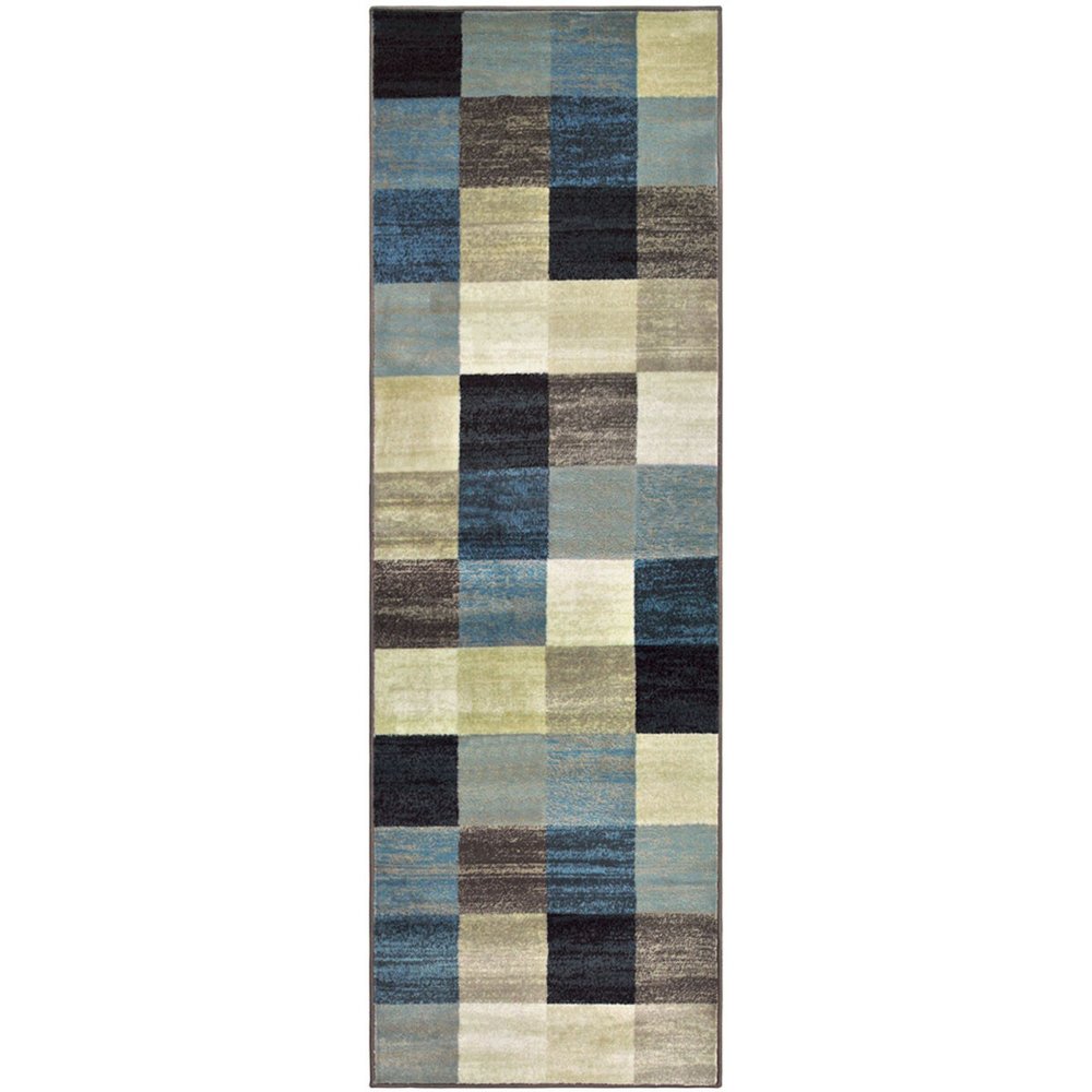 8' Blue Black And Gray Geometric Runner Rug