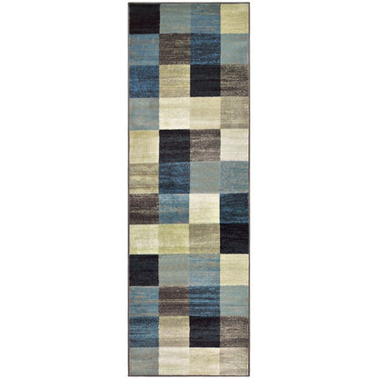 8' Blue Black And Gray Geometric Runner Rug