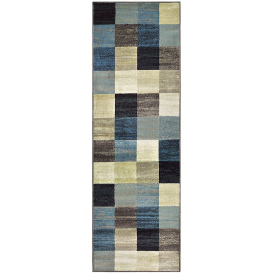 8' Blue Black And Gray Geometric Runner Rug