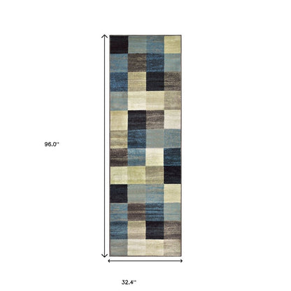 8' Blue Black And Gray Geometric Runner Rug