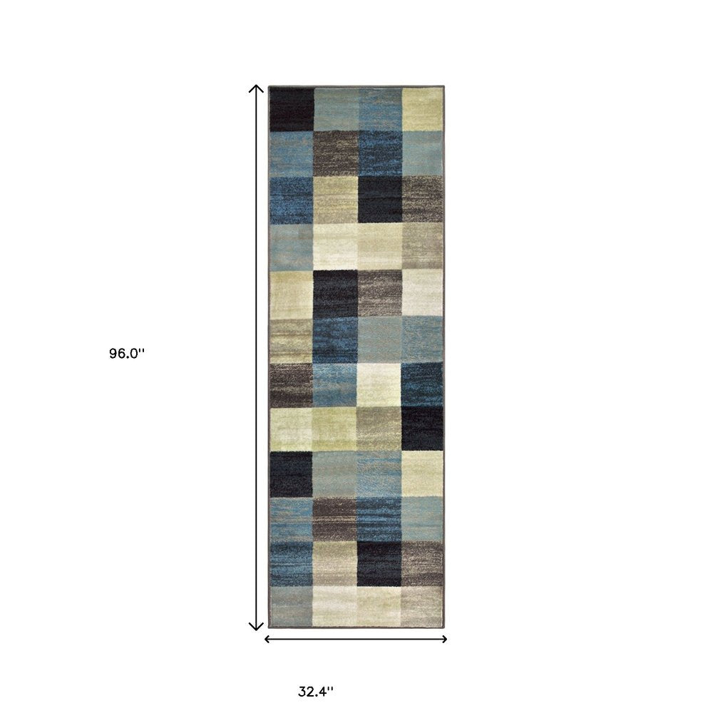 8' Blue Black And Gray Geometric Runner Rug