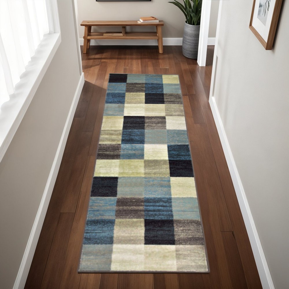 8' Blue Black And Gray Geometric Runner Rug