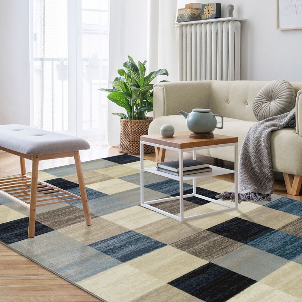 5' X 8' Blue Black And Gray Geometric Area Rug
