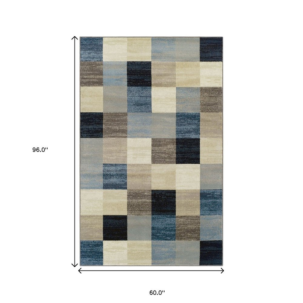 5' X 8' Blue Black And Gray Geometric Area Rug
