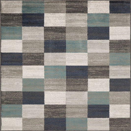 5' X 8' Teal Ivory And Gray Geometric Area Rug