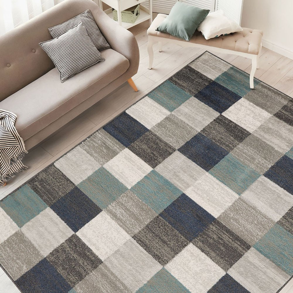 5' X 8' Teal Ivory And Gray Geometric Area Rug