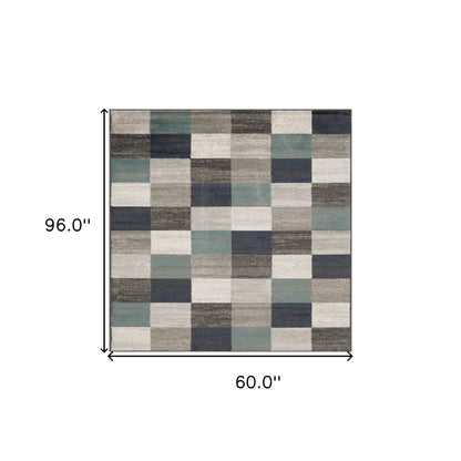 5' X 8' Teal And Gray Geometric Power Loom Stain Resistant Area Rug