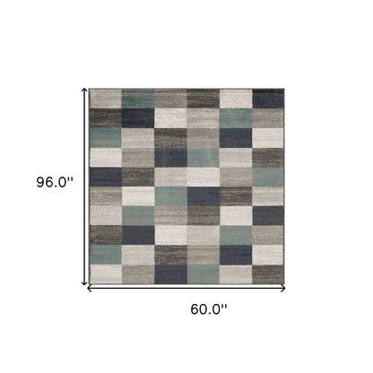 5' X 8' Teal Ivory And Gray Geometric Area Rug