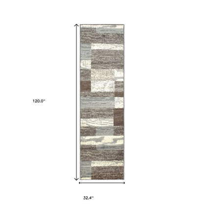 10' Blue And Ivory Patchwork Runner Rug