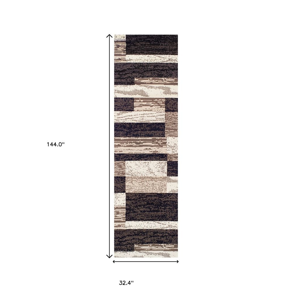 12' Black Brown And Beige Patchwork Runner Rug