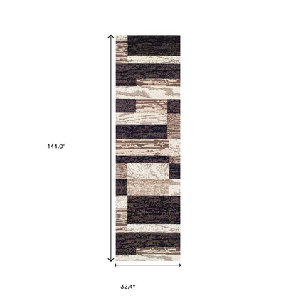 12' Black Brown And Beige Patchwork Runner Rug