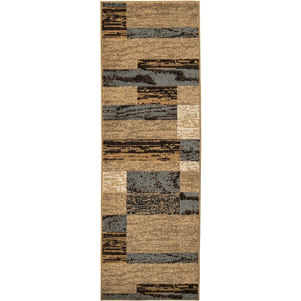 12' Blue And Beige Patchwork Runner Rug