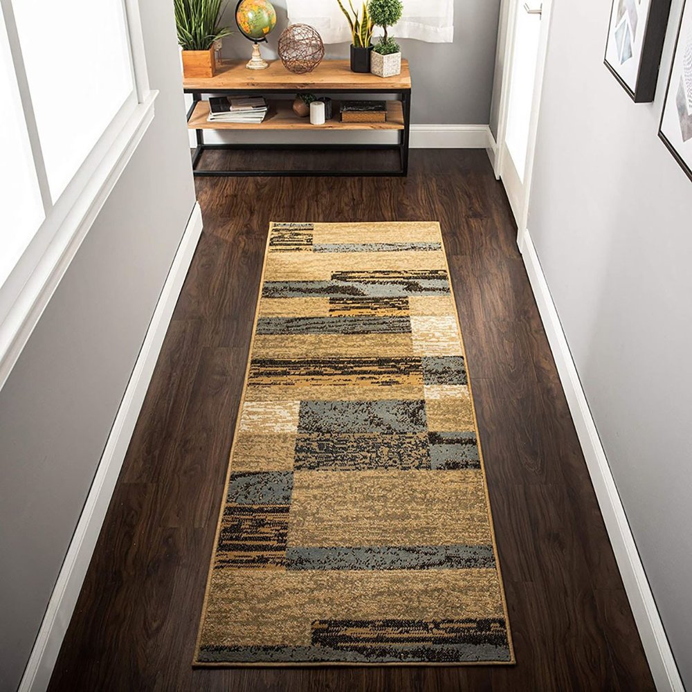 12' Blue And Beige Patchwork Runner Rug