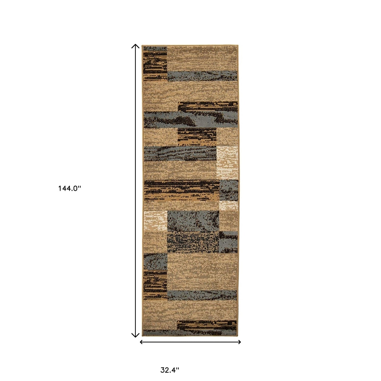 12' Brown Blue and Beige Patchwork Stain Resistant Runner Rug