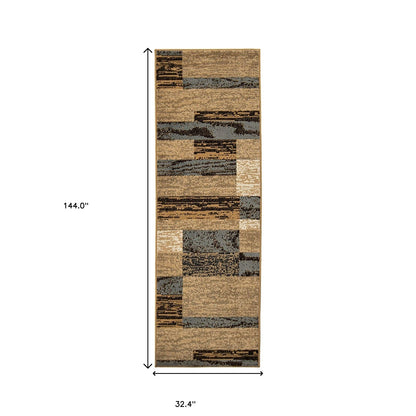 12' Brown Blue and Beige Patchwork Stain Resistant Runner Rug