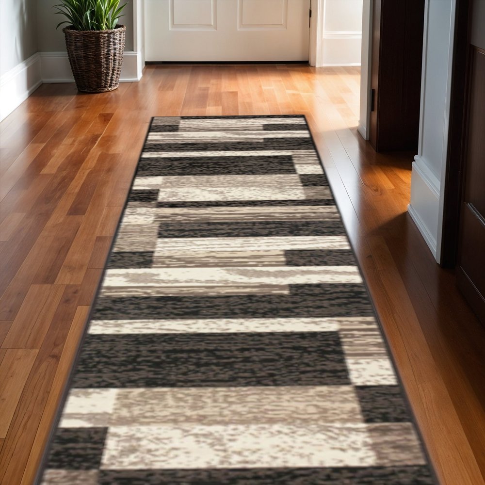 11' Black Brown And Beige Patchwork Runner Rug