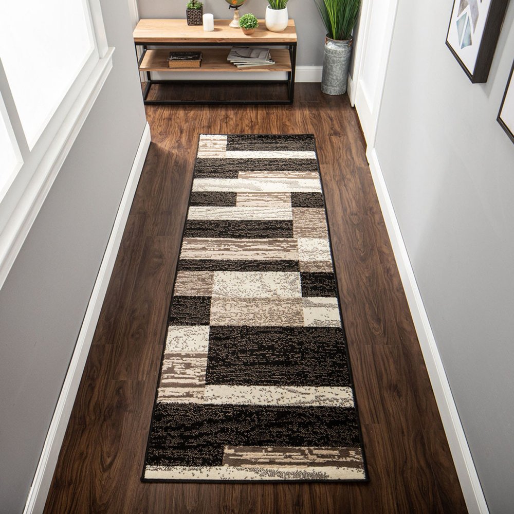 11' Black Brown And Beige Patchwork Runner Rug