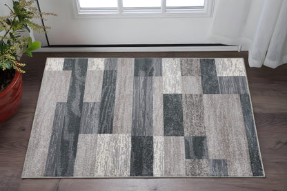 2' X 3' Blue And Taupe Patchwork Distressed Area Rug