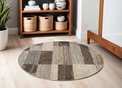 5' Beige Slate Gray And Brown Patchwork Round Rug