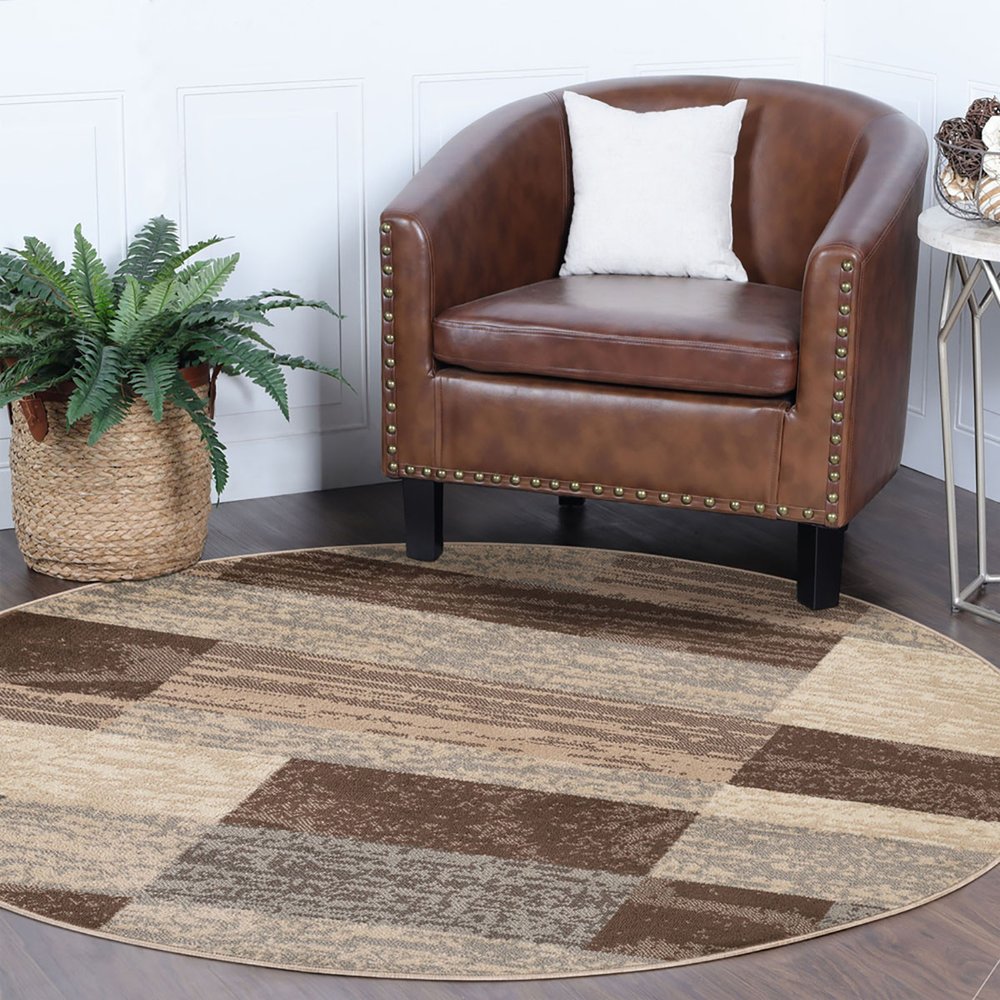 5' Beige Slate Gray And Brown Patchwork Round Rug