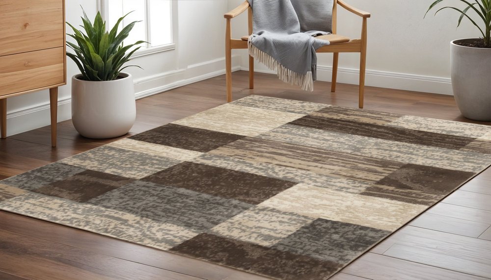 5' Beige Slate Gray And Brown Patchwork Square Rug