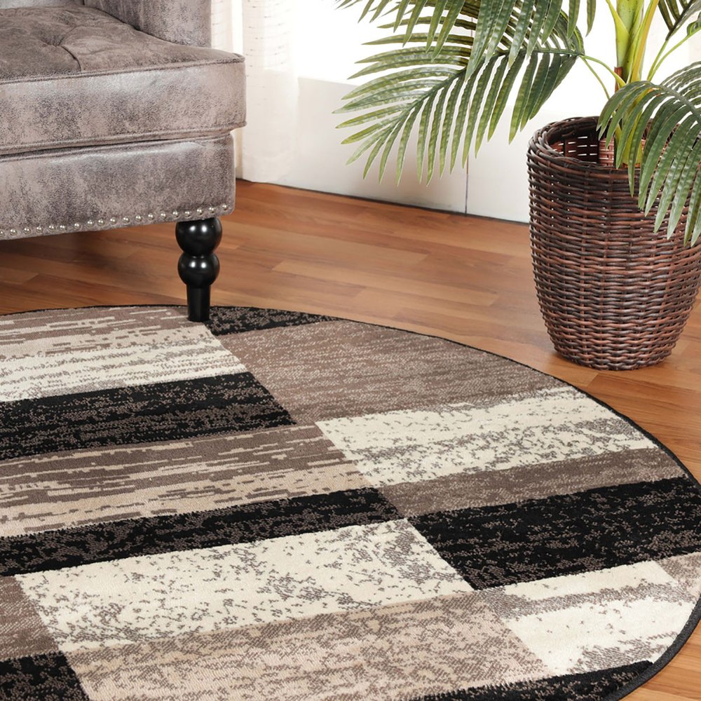 8' Black Brown And Beige Patchwork Round Rug