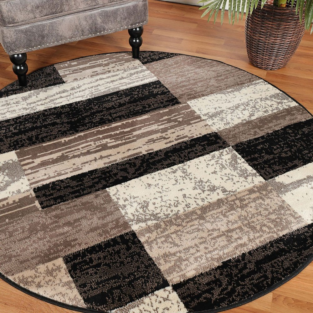 8' Black Brown And Beige Patchwork Round Rug
