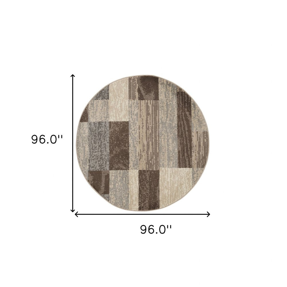 8' Beige Slate Gray And Brown Patchwork Round Rug