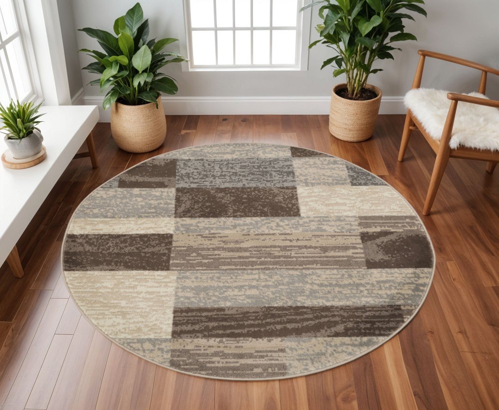 8' Beige Slate Gray And Brown Patchwork Round Rug
