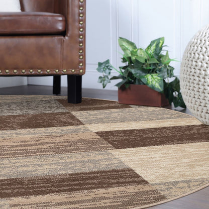 8' Beige Slate Gray And Brown Patchwork Round Rug