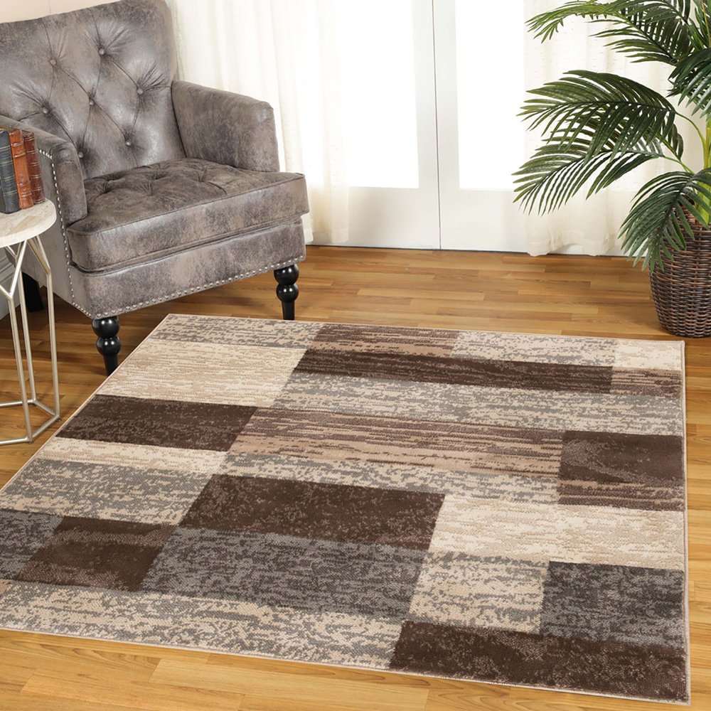 8' Beige Slate Gray And Brown Patchwork Square Rug