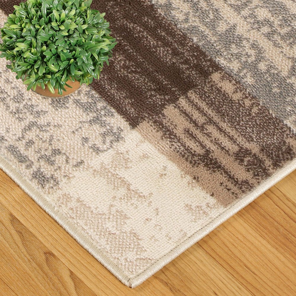 8' Beige Slate Gray And Brown Patchwork Square Rug