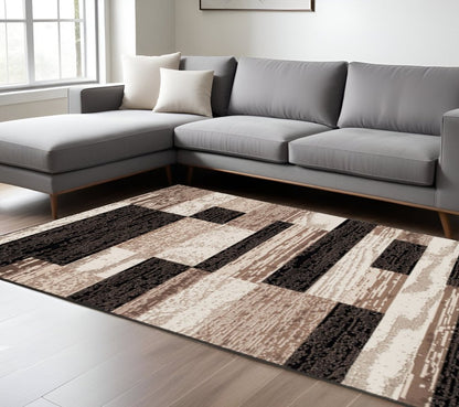 9' X 12' Black Brown And Beige Patchwork Area Rug