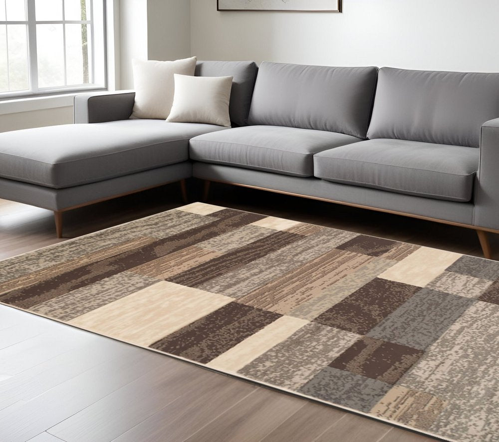 9' X 12' Beige Slate Gray And Brown Patchwork Area Rug