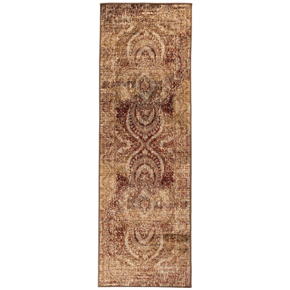 8' Gold And Maroon Abstract Distressed Runner Rug