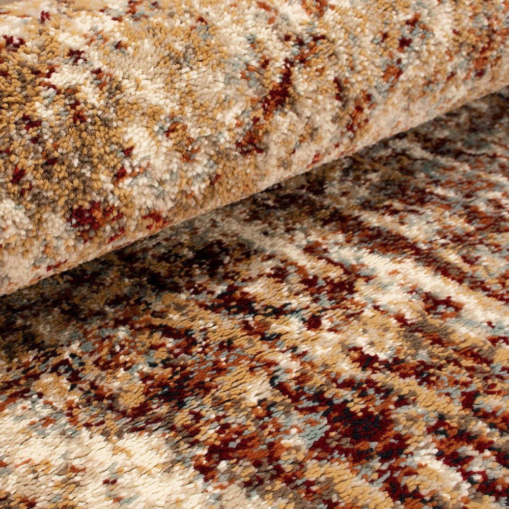 8' Gold And Maroon Abstract Distressed Runner Rug