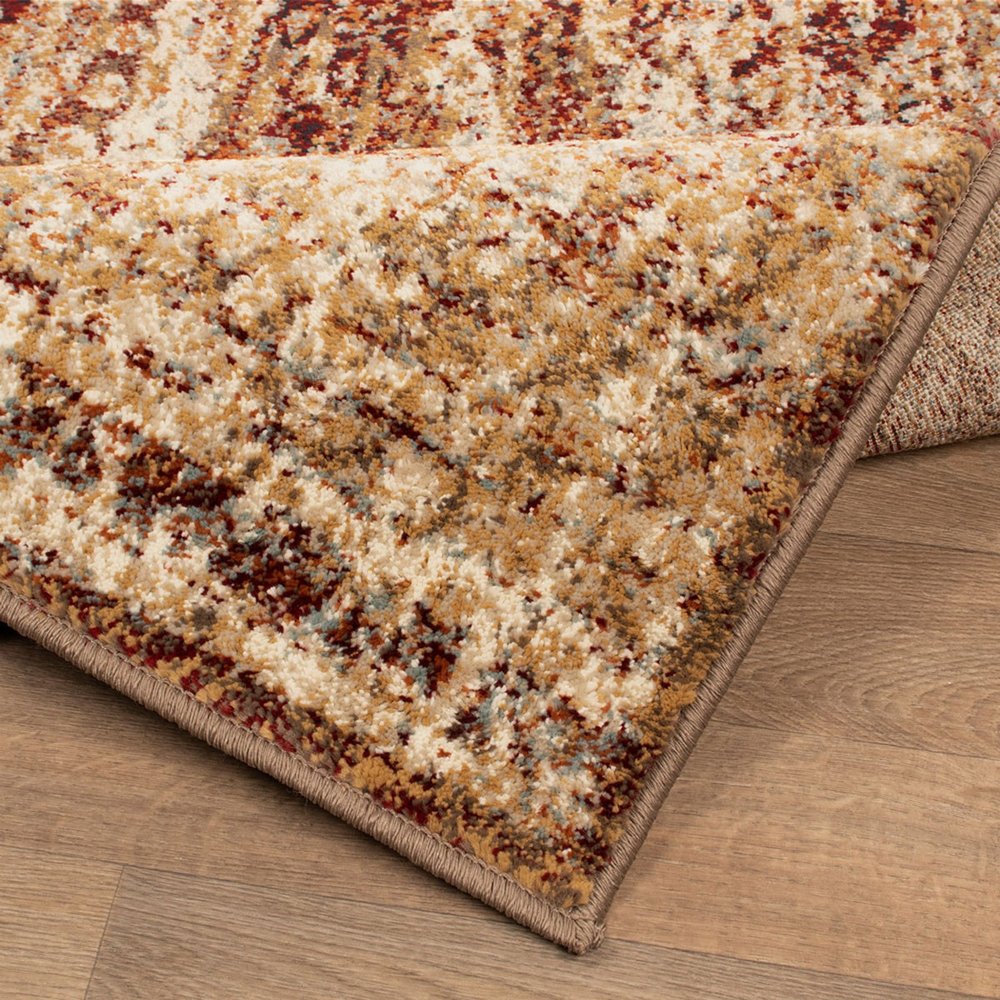 8' Gold And Maroon Abstract Distressed Runner Rug