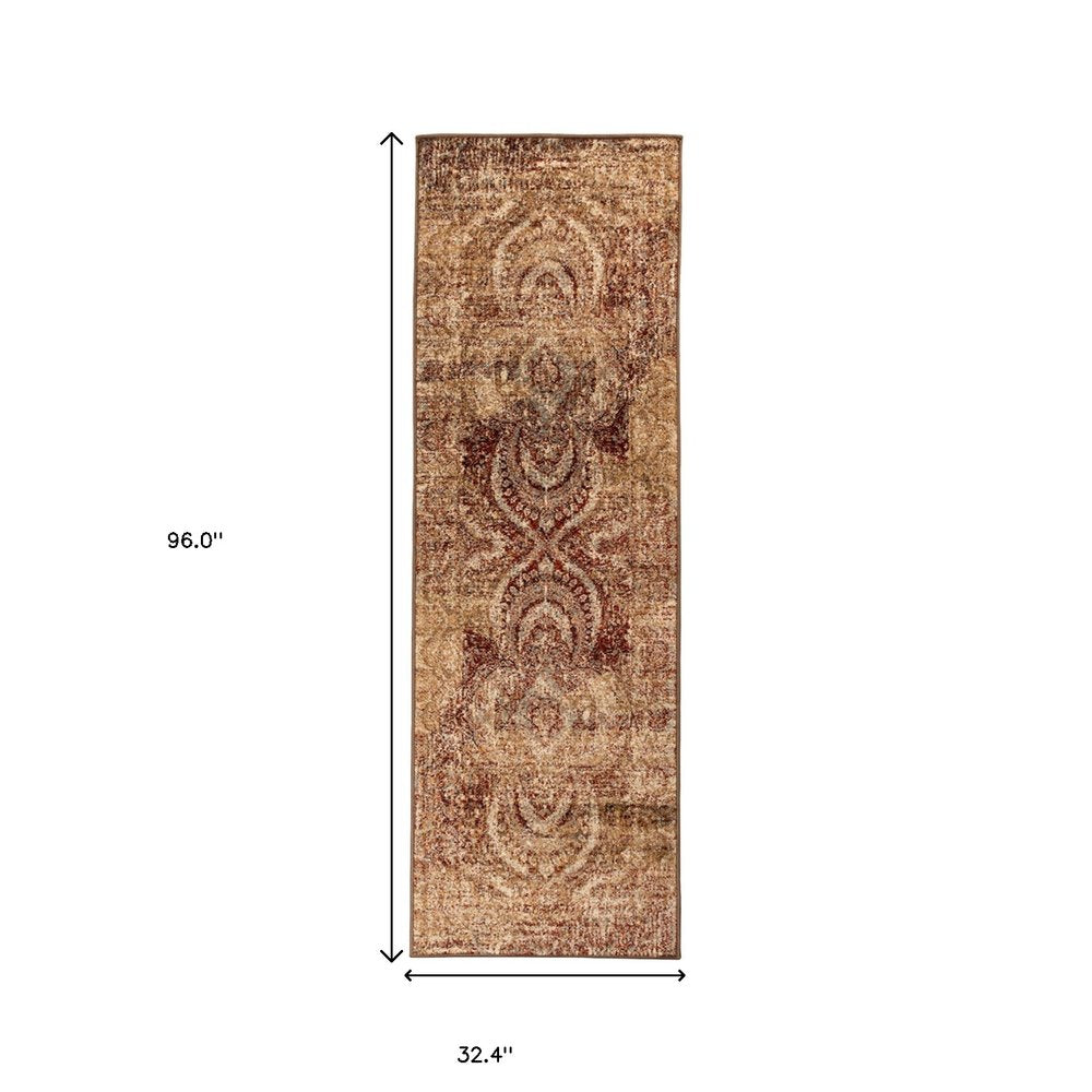 8' Gold And Maroon Abstract Distressed Runner Rug
