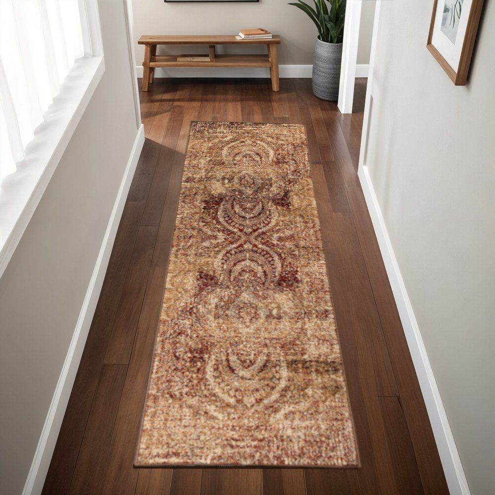 8' Gold And Maroon Abstract Distressed Runner Rug