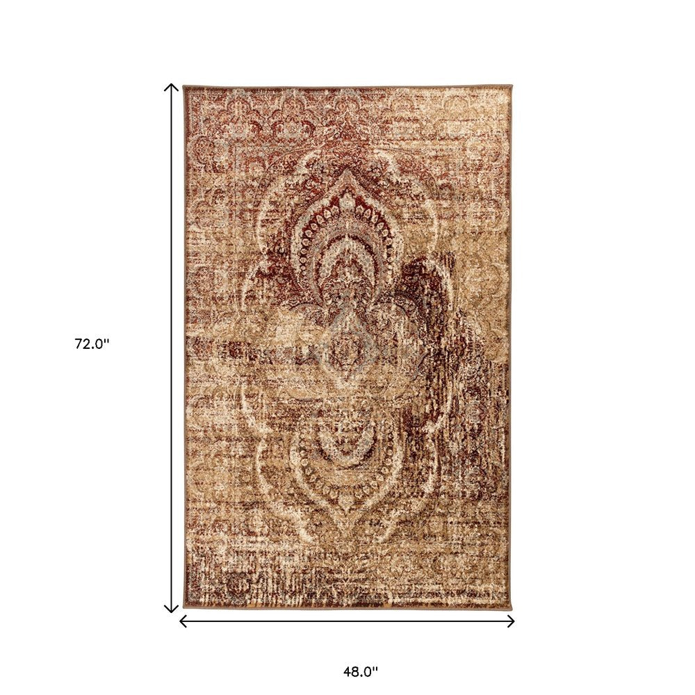 4' X 6' Gold And Maroon Abstract Distressed Area Rug